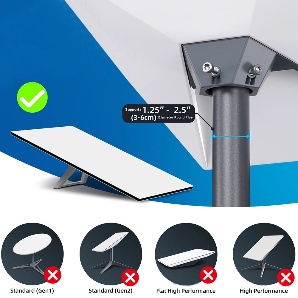Stand for StarLink Gen 3 mount with pipe socket and Ethernet cable holder, compatible with StarLink Gen3 V3 data cable and roof mounting kit.