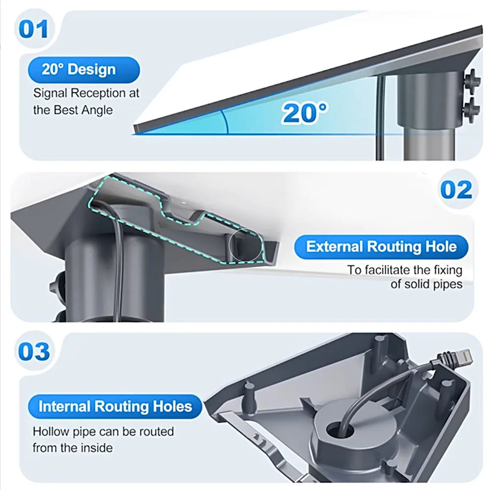 StarLink Gen 3 mount stand with pipe socket, Ethernet cable holder, and roof mounting plate for secure installation.