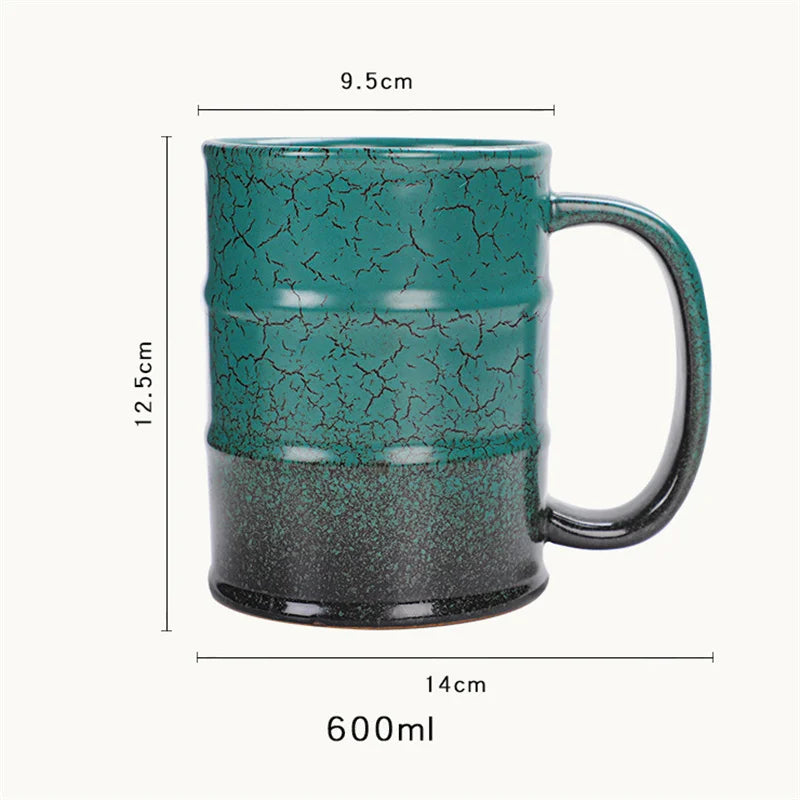 Large 600ml ceramic oil barrel-shaped coffee mug by BackupMyFilesNow.com, ideal for latte, espresso, and water drinks.