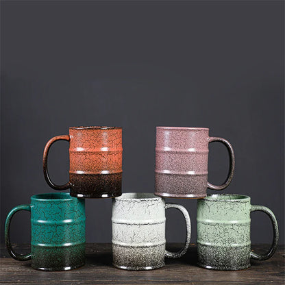 Large 600ml ceramic oil barrel-shaped coffee mug by BackupMyFilesNow.com, ideal for latte, espresso, or water drinks.