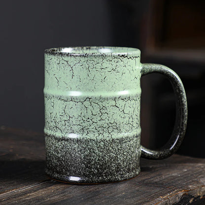 Large 600ml ceramic oil barrel-shaped coffee mug by BackupMyFilesNow.com, perfect for latte, espresso, or water drinks.