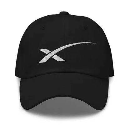 SpaceX Starlink cap, dad hat with SpaceX logo, black adjustable baseball hat, casual style, front view