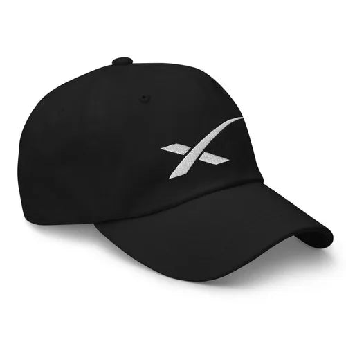SpaceX Starlink dad hat with embroidered logo, black cap featuring SpaceX branding and adjustable strap.