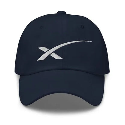SpaceX Starlink cap, black dad hat with embroidered SpaceX logo and Starlink branding, adjustable strap, casual outdoor style.