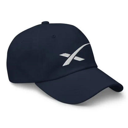 SpaceX Starlink cap, casual dad hat with SpaceX logo, black fabric, adjustable strap, worn for space-themed style.