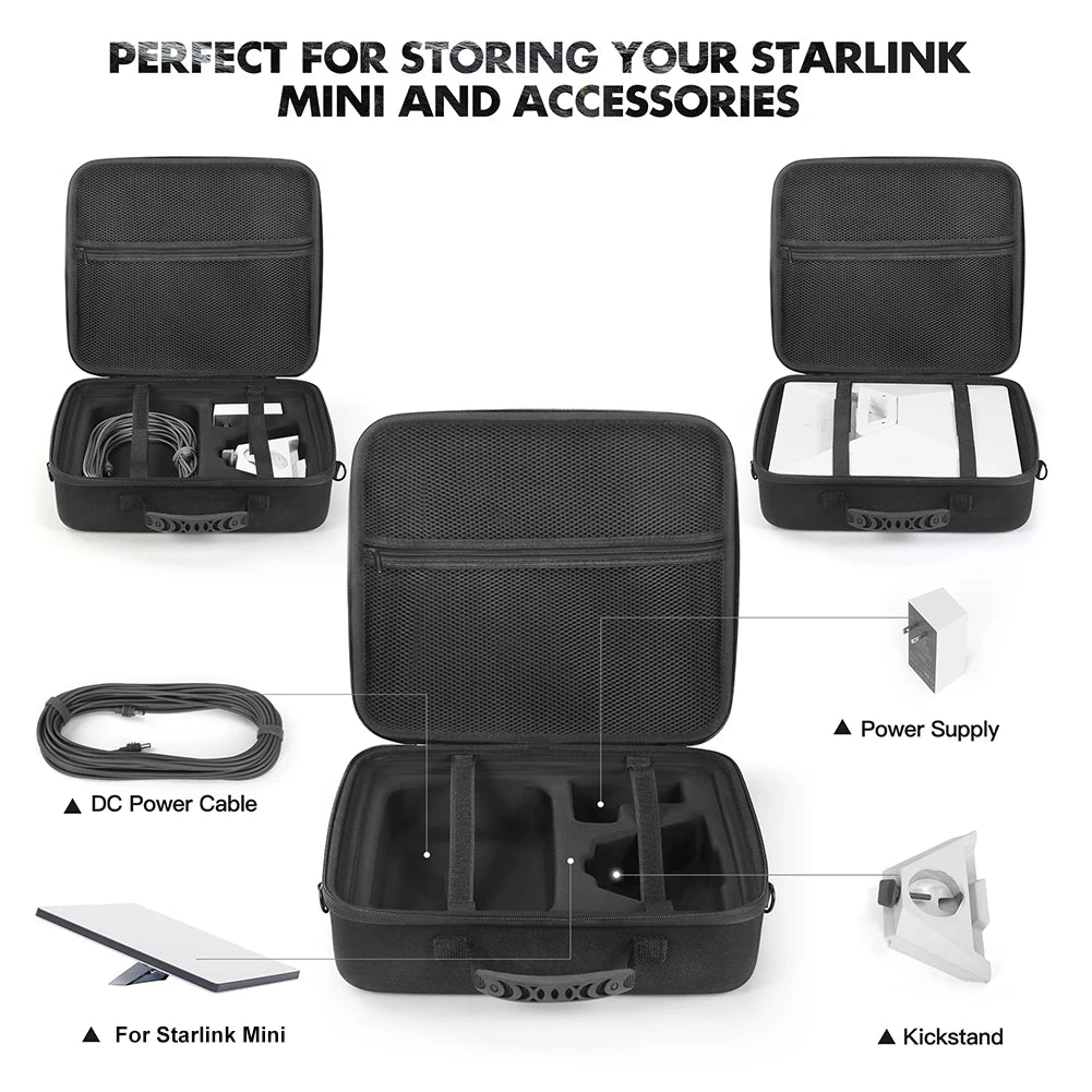 Starlink Mini Ultra-Light Protect Case with anti-scratch exterior, portable travel carry bag, and power cord storage compartment.
