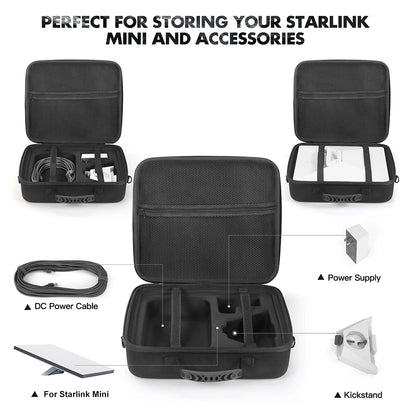 Starlink Mini Ultra-Light Protect Case with anti-scratch exterior, portable travel carry bag, and power cord storage compartment.