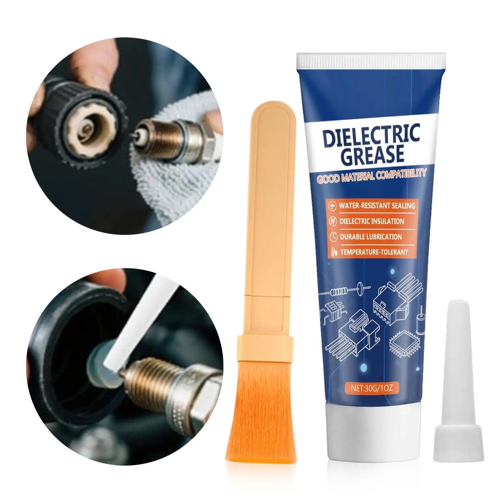 High-performance dielectric silicone grease with brush from BACKUPMYFILESNOW.COM for automotive and truck electrical connections.