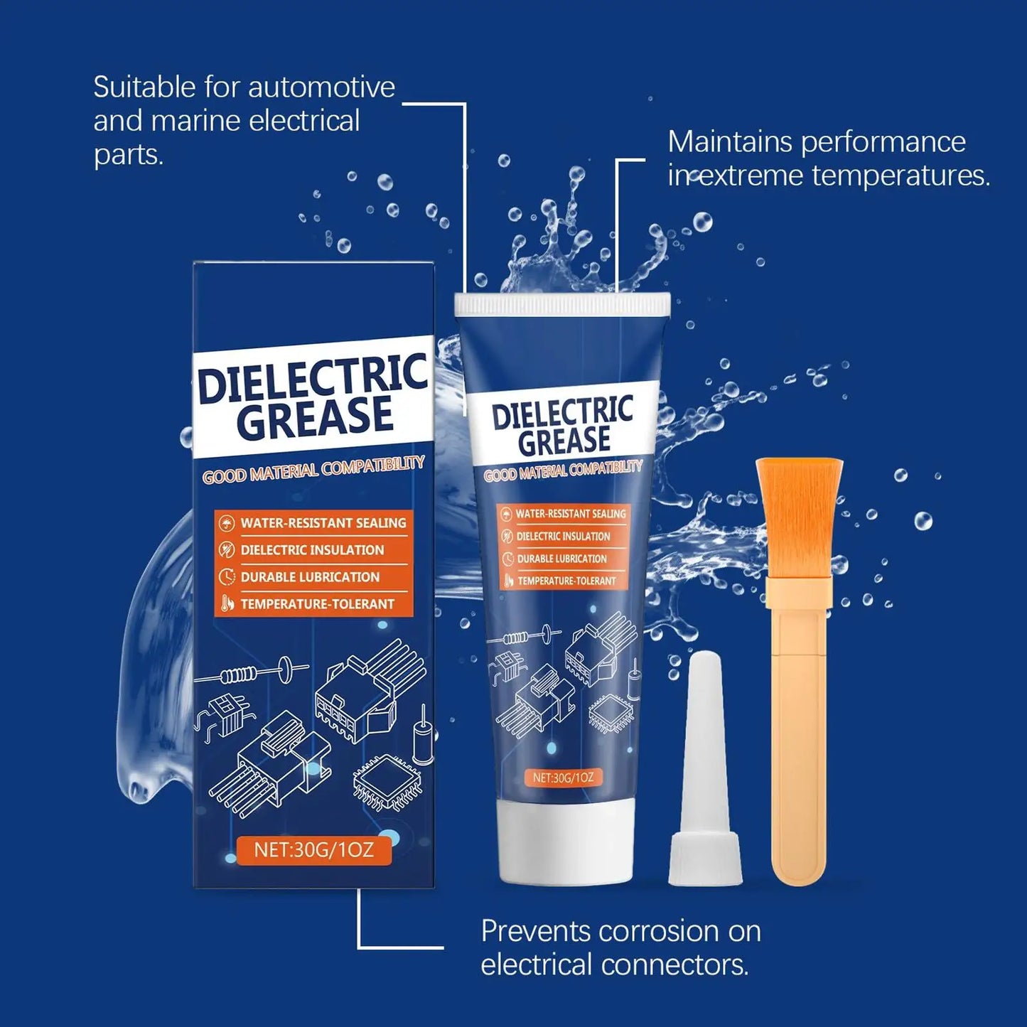 High-performance dielectric silicone grease for automotive use, shown with brush applicator on RV and truck electrical connections.