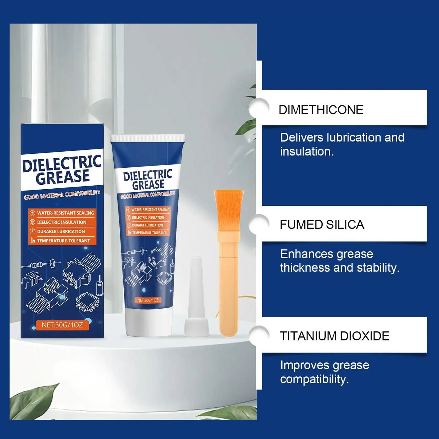 High-performance dielectric silicone grease for automotive use with brush, suitable for RVs and trucks, by BACKUPMYFILESNOW.COM®.