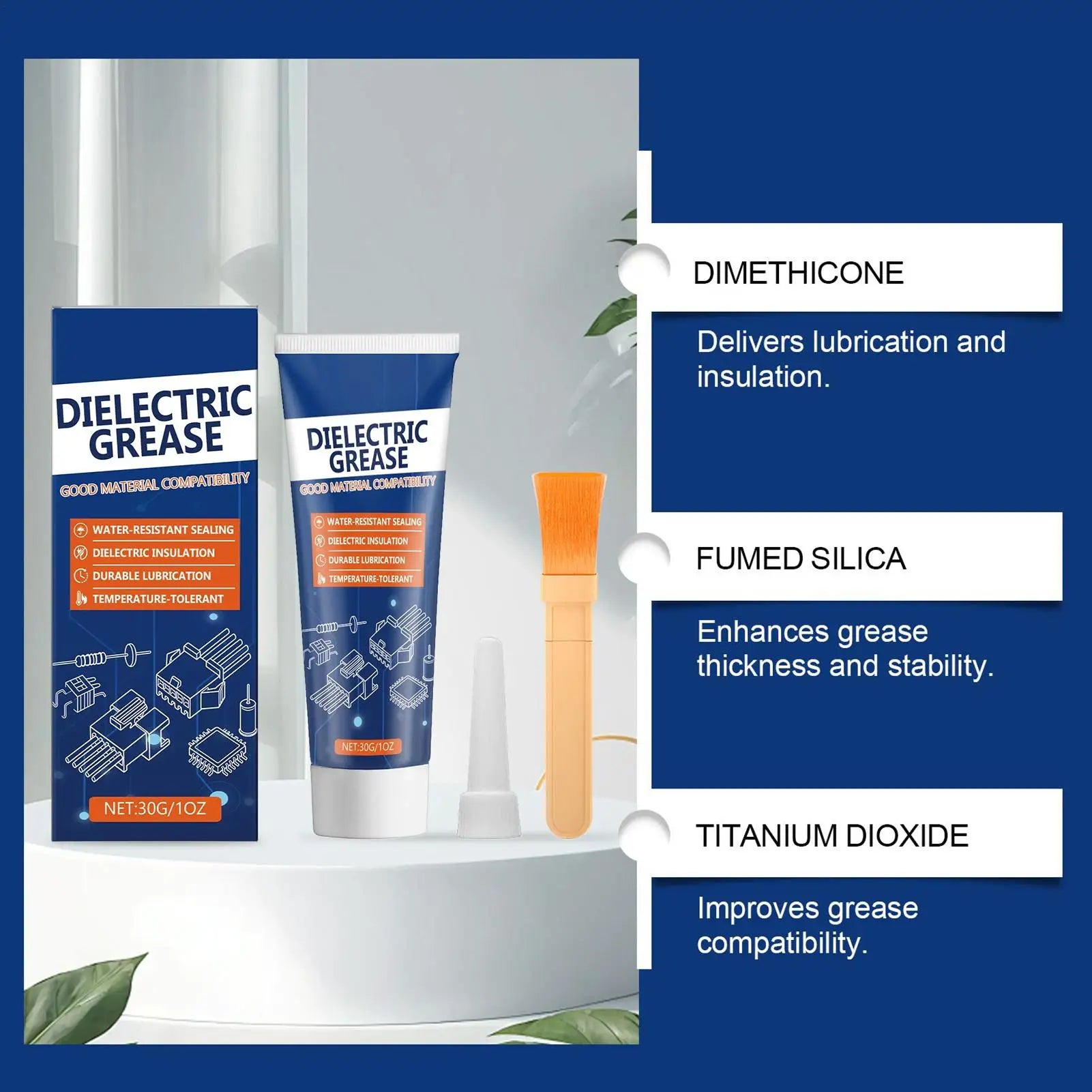 High-performance dielectric silicone grease for automotive use with brush, suitable for RVs and trucks, by BACKUPMYFILESNOW.COM®.