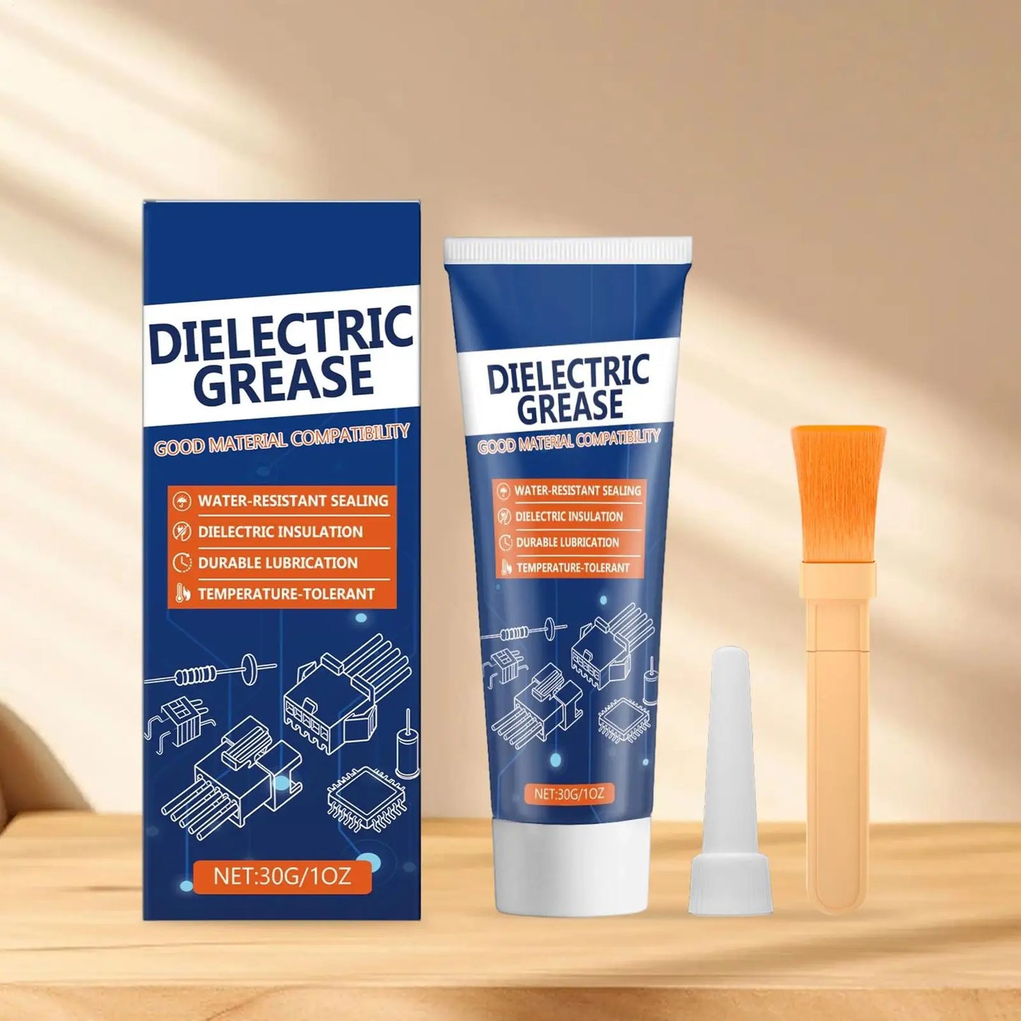 High-performance dielectric silicone grease in a container with brush, designed for automotive and RV electrical connections.