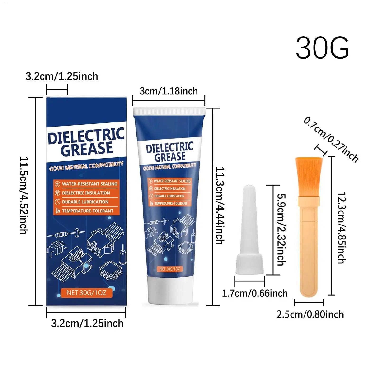 High-performance dielectric silicone grease for automotive use, shown with brush applicator for RV and truck electrical connections.