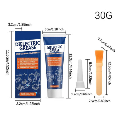 High-performance dielectric silicone grease for automotive use, shown with brush applicator for RV and truck electrical connections.