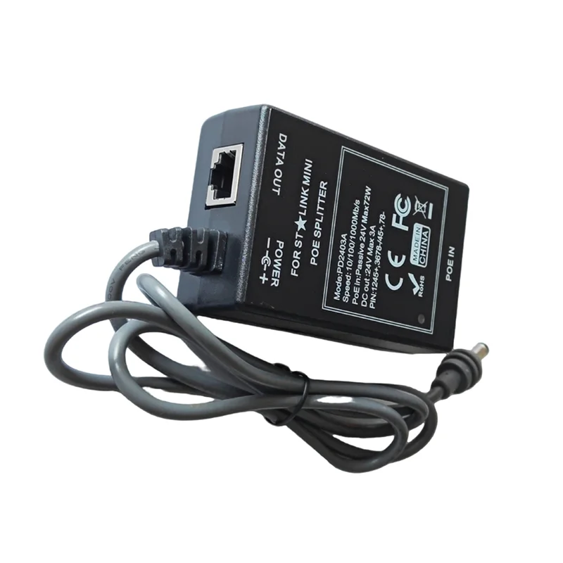 Elect-Industrial 24V DC POE splitter for Starlink Mini Max with 75W output, supporting 10/100/1000Mbps Ethernet connection.