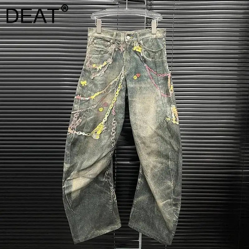 Women’s high waist denim jeans with 3D chain print, contrast colors, casual fit, from DEAT Fashion.