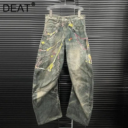 Women’s high waist denim jeans with 3D chain print, contrast colors, casual fit, from DEAT Fashion.
