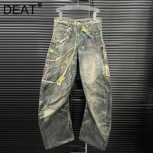 Women’s high waist denim jeans with 3D chain print, contrast colors, casual fit, from DEAT Fashion.