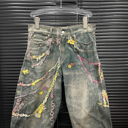 Women’s high waist casual denim jeans with 3D chain print, contrast colors, and niche design by DEAT Fashion.