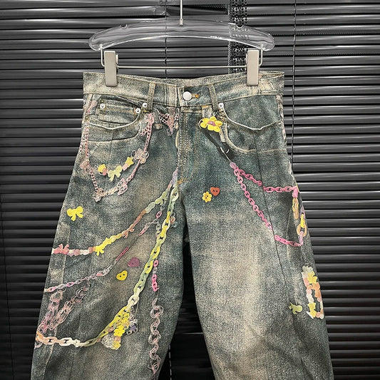 Women’s high waist casual denim jeans with 3D chain print, contrast colors, and niche design by DEAT Fashion.