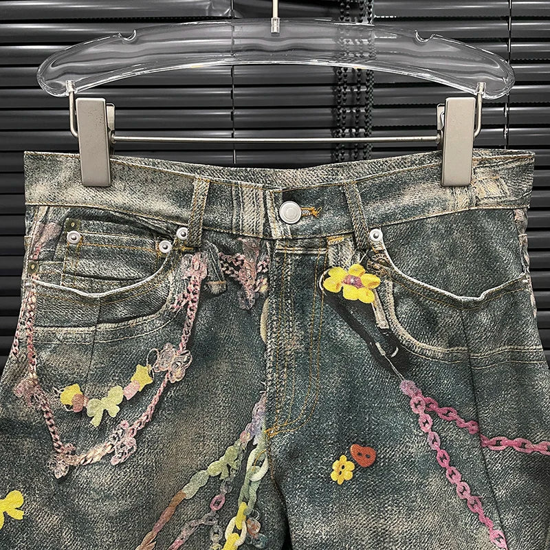 Women’s high waist denim jeans with 3D chain print, contrast colors, and trendy casual design by DEAT Fashion.