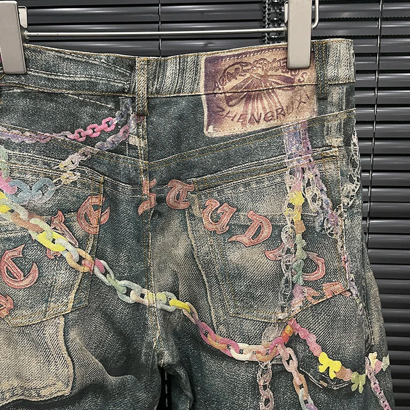 Women's high waist denim jeans by DEAT Fashion featuring 3D chain print, contrast colors, and casual fit for trendy style.