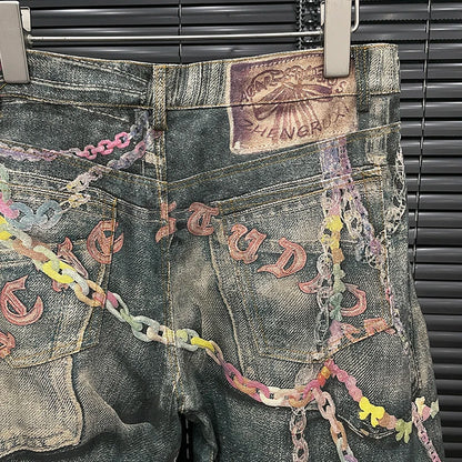 Women's high waist denim jeans by DEAT Fashion featuring 3D chain print, contrast colors, and casual fit for trendy style.