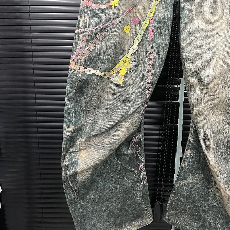 Women’s high waist casual denim jeans with 3D chain print, contrast color design, trendy niche style from DEAT Fashion.