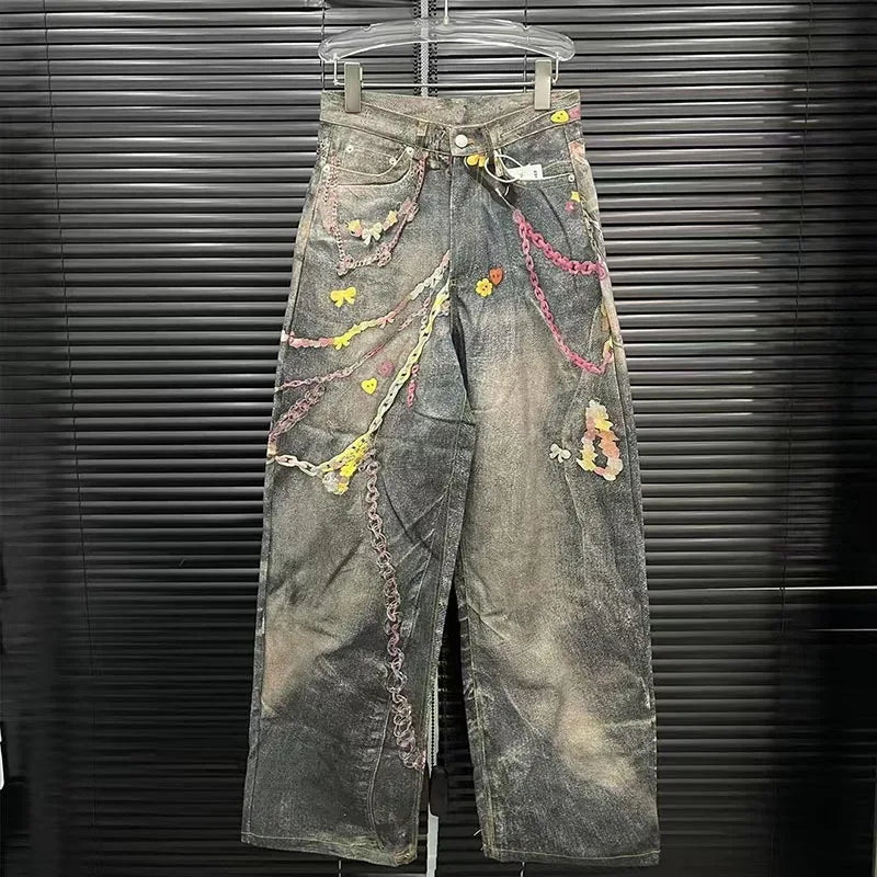 Women's high waist casual denim jeans with 3D chain print, contrast colors, and trendy niche design by DEAT Fashion.