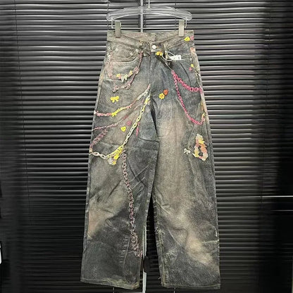 Women's high waist casual denim jeans with 3D chain print, contrast colors, and trendy niche design by DEAT Fashion.