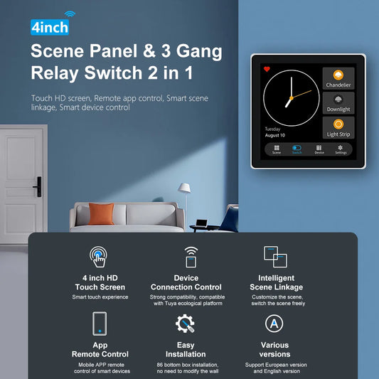 FUERS Smart Wall Switch with 4-inch touch screen, multi-functional scene panel, Zigbee, for intelligent home automation.