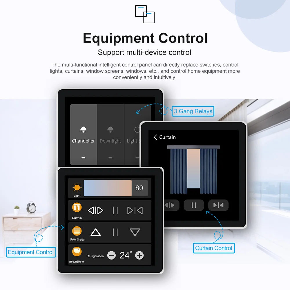 FUERS Smart Wall Switch with 4-inch touch screen, multi-functional scene panel, Zigbee connectivity for intelligent home control.