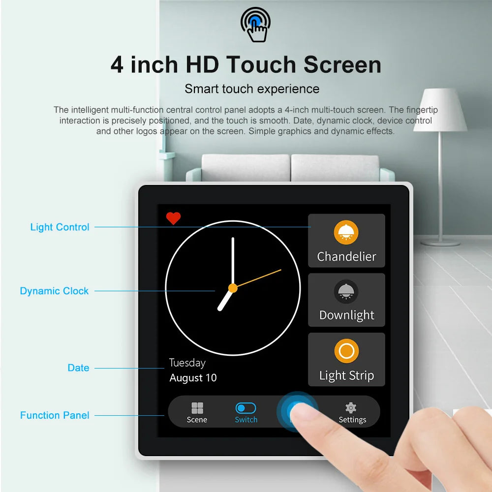 Smart FUERS 4-inch touch screen wall switch with multi-functional scene panel for intelligent home automation, Zigbee compatible.