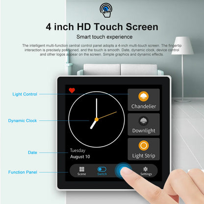 Smart FUERS 4-inch touch screen wall switch with multi-functional scene panel for intelligent home automation, Zigbee compatible.