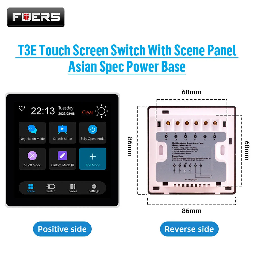 FUERS 4-inch smart wall switch with touch screen, multi-functional T3E scene panel, Zigbee-enabled for intelligent home control
