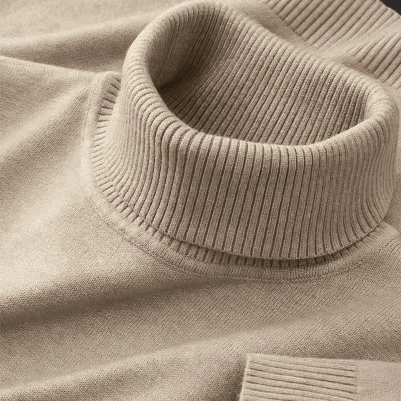 Black men's knitted turtleneck sweater by BACKUPMYFILESNOW.COM®, breathable, warm, solid color, suitable for outdoor and streetwear.