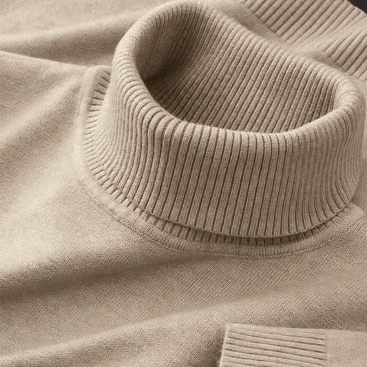 Black men's knitted turtleneck sweater by BACKUPMYFILESNOW.COM®, breathable, warm, solid color, suitable for outdoor and streetwear.