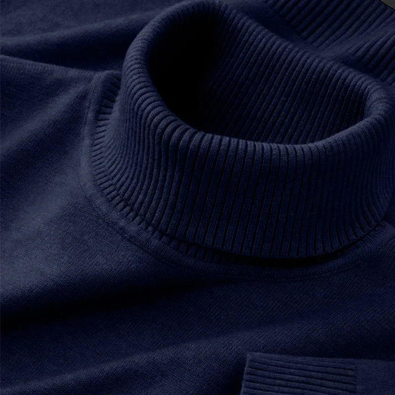 Black men's knitted turtleneck sweater from BACKUPMYFILESNOW.COM®, breathable, warm, solid color, suitable for outdoor and business wear.