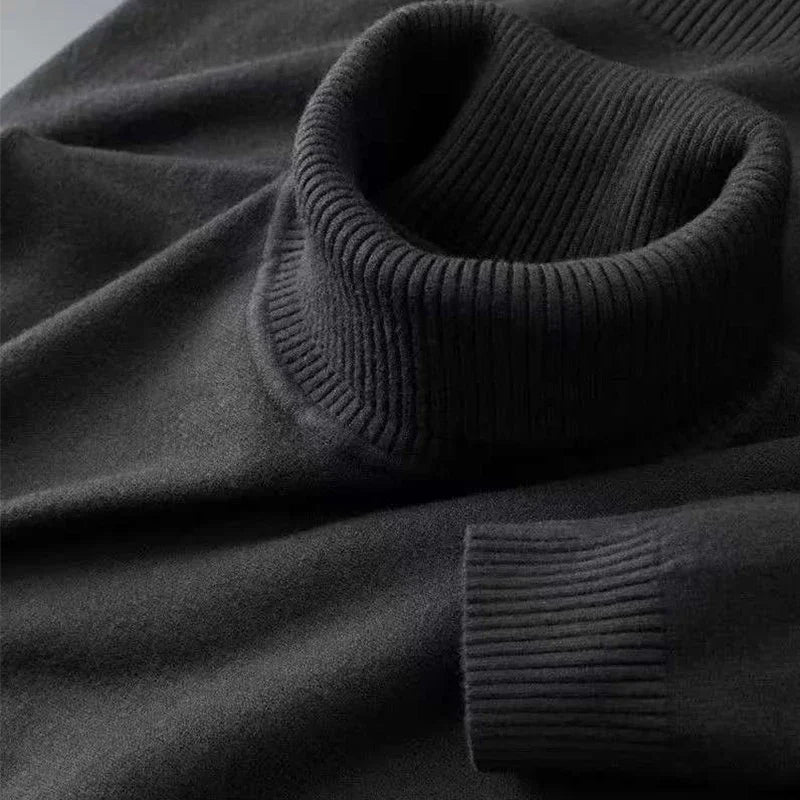 Black men's knitted turtleneck sweater from BACKUPMYFILESNOW.COM®, breathable, warm, solid color outdoor streetwear for autumn.