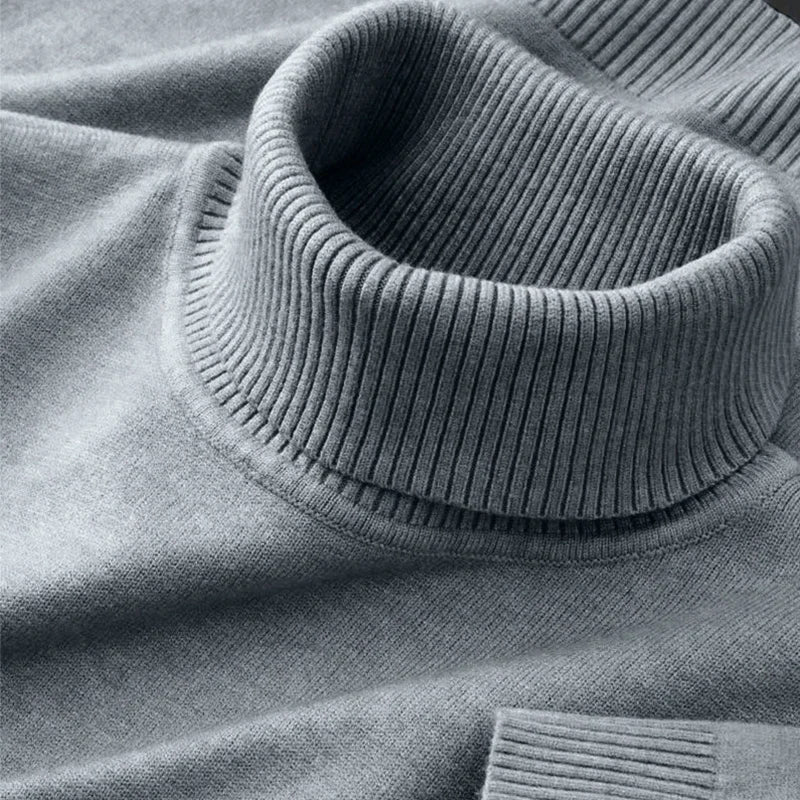 Black men's knitted turtleneck sweater from BACKUPMYFILESNOW.COM®, breathable, warm, solid color, suitable for outdoor and business wear.