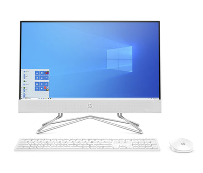 HP 21.5-inch All-in-One Desktop with AMD Athlon Silver CPU, Radeon Graphics, 4GB RAM, 128GB storage, Windows 10 Home in snow white.