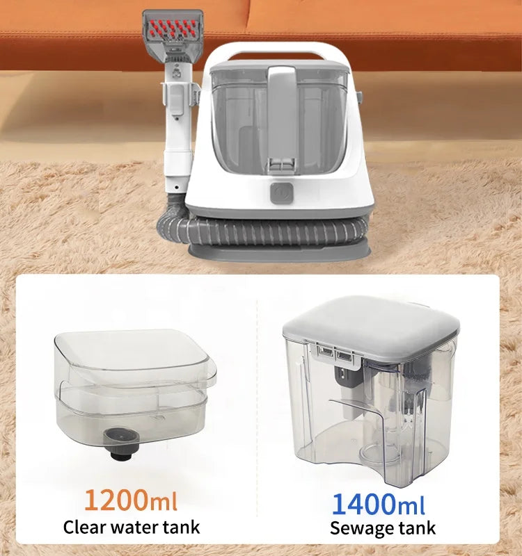 Black portable commercial upholstery and carpet cleaner by BACKUPMYFILESNOW.COM® with vacuum and steam cleaning functions.