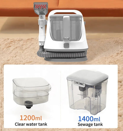 Black portable commercial upholstery and carpet cleaner by BACKUPMYFILESNOW.COM® with vacuum and steam cleaning functions.