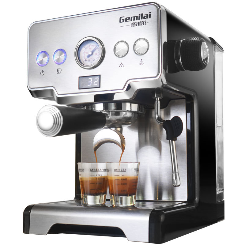 Italian semi-automatic coffee machine by BACKUPMYFILESNOW.COM® with stainless steel finish and control panel, ready for brewing coffee.