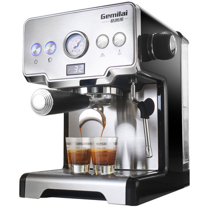 Italian semi-automatic coffee machine by BACKUPMYFILESNOW.COM® with stainless steel finish and control panel, ready for brewing coffee.