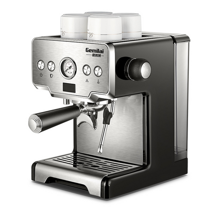 Italian semi-automatic coffee machine by BACKUPMYFILESNOW.COM® with stainless steel finish and brewing knobs on top.