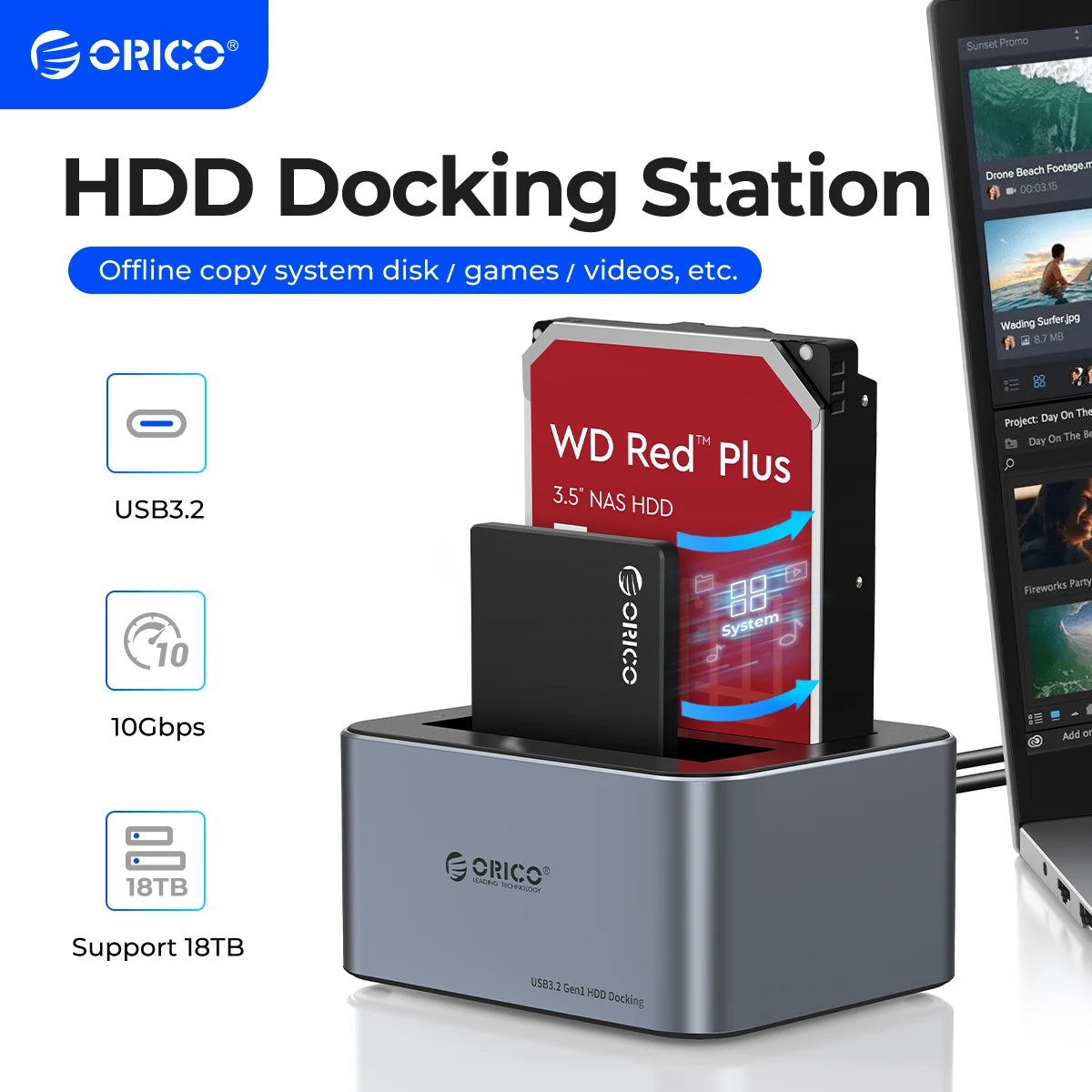 Orico Aluminum Dual-bay Hard Drive Station with Type-C port, offline clone, heat dissipation, suitable for 2.5 and 3.5-inch HDDs