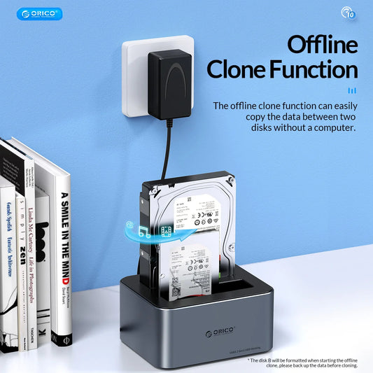 Orico aluminum dual-bay hard drive station with Type-C port, offline clone feature, heat dissipation, suitable for 2.5/3.5-inch HDDs
