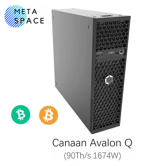 Bitcoin mining ASIC Avalon Q with 90TH/s hashing power, low noise design, includes PSU, suitable for home BTC mining.