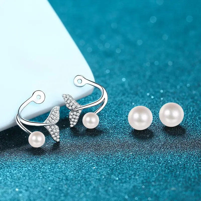 S925 silver mermaid tail earrings with freshwater pearl and moissanite, versatile two-way wear for women’s party or birthday gift